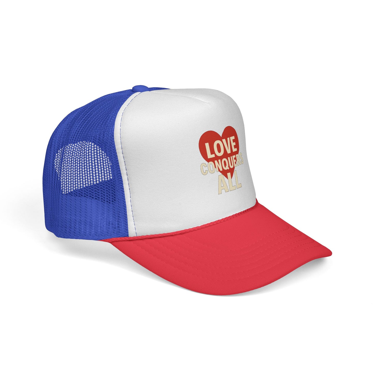 Love Conquers All Trucker Cap, Trendy Headwear, Casual Gift, Summer Accessory, Love Themed Hat, Unisex Cap