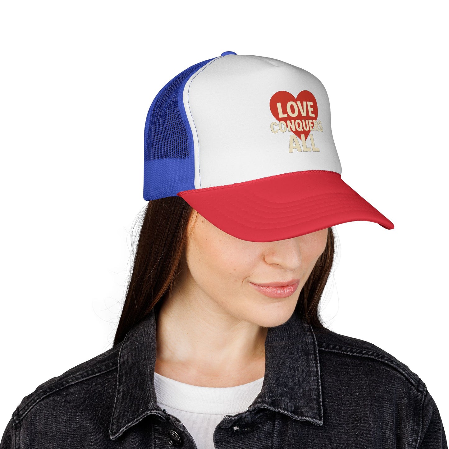 Love Conquers All Trucker Cap, Trendy Headwear, Casual Gift, Summer Accessory, Love Themed Hat, Unisex Cap
