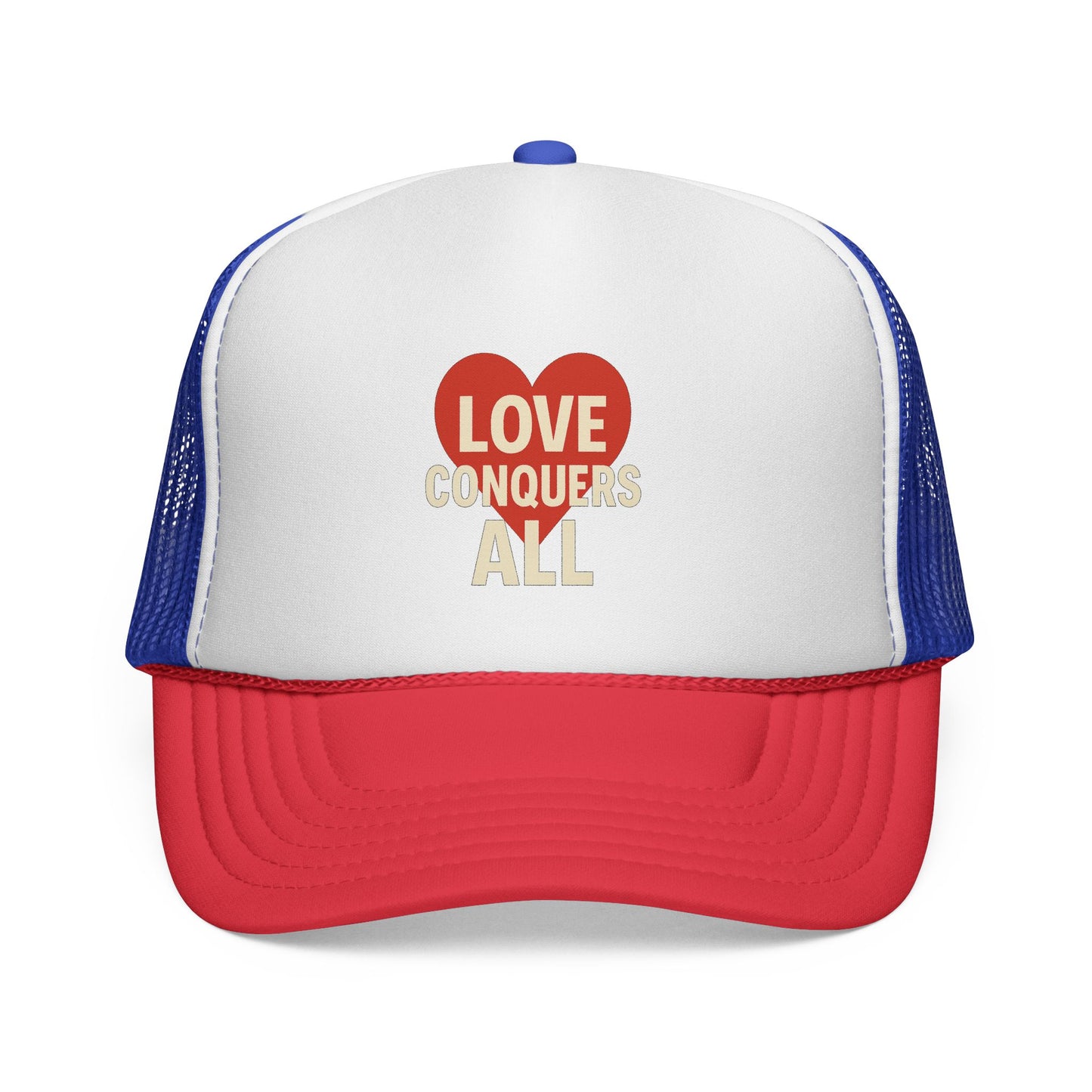 Love Conquers All Trucker Cap, Trendy Headwear, Casual Gift, Summer Accessory, Love Themed Hat, Unisex Cap