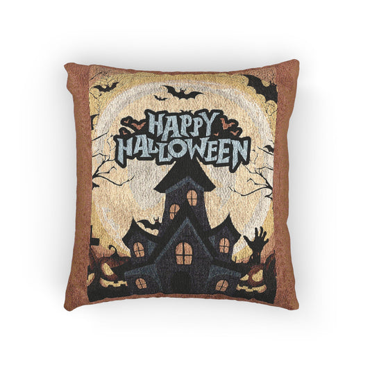 Halloween Woven Pillow, Spooky Decor, Festive Home Accent, Cozy Fall Decor, Haunted House Cushion