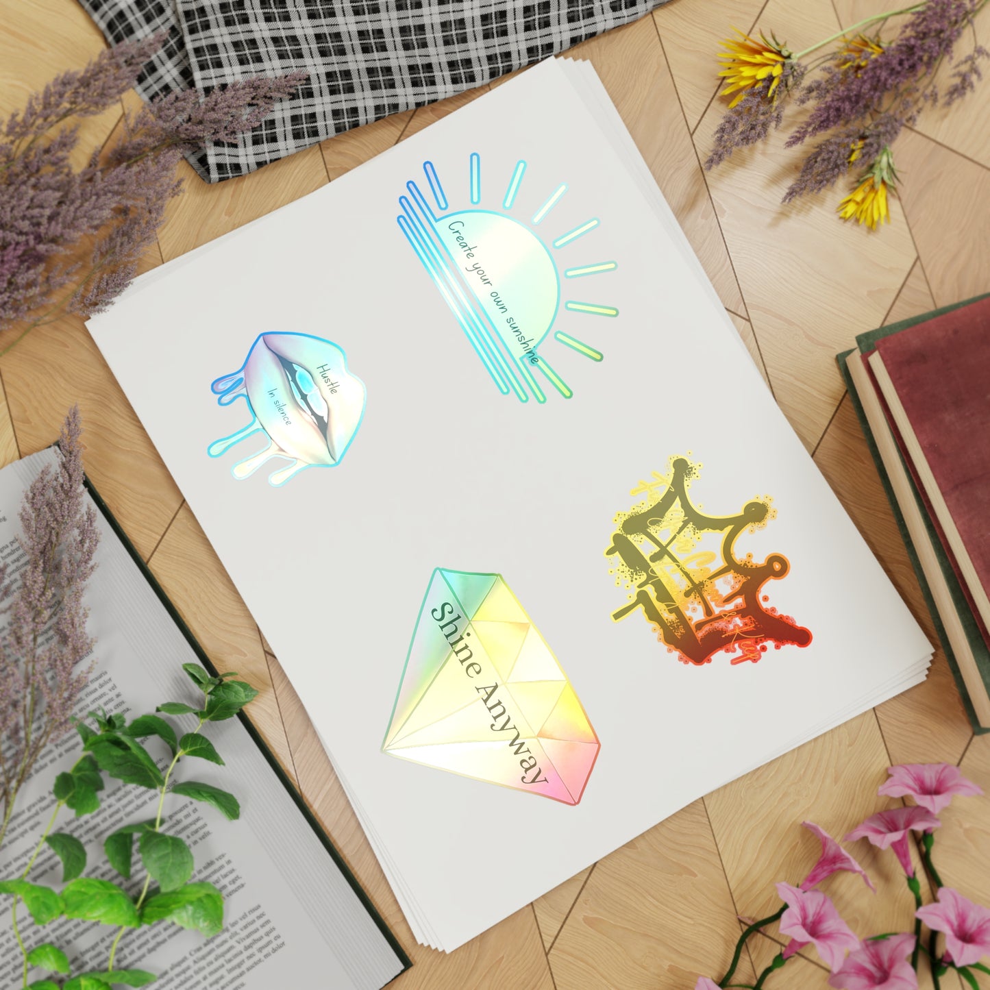 Holographic Sticker Sheet Bundle - Create Your Own Sunshine, Shine Anyway, Crown & Diamond Designs, Decorative Stickers for Journals, [...]