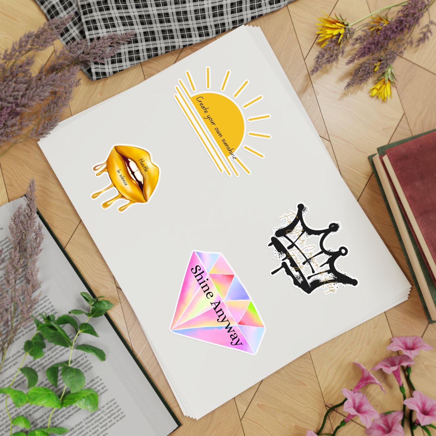 Holographic Sticker Sheet Bundle - Create Your Own Sunshine, Shine Anyway, Crown & Diamond Designs, Decorative Stickers for Journals, [...]