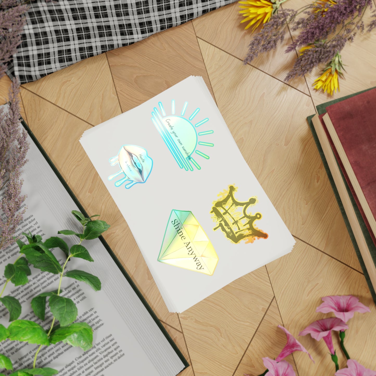 Holographic Sticker Sheet Bundle - Create Your Own Sunshine, Shine Anyway, Crown & Diamond Designs, Decorative Stickers for Journals, [...]