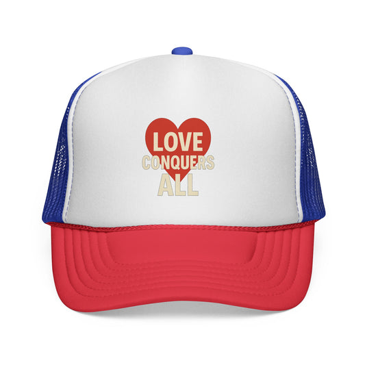 Love Conquers All Trucker Cap, Trendy Headwear, Casual Gift, Summer Accessory, Love Themed Hat, Unisex Cap